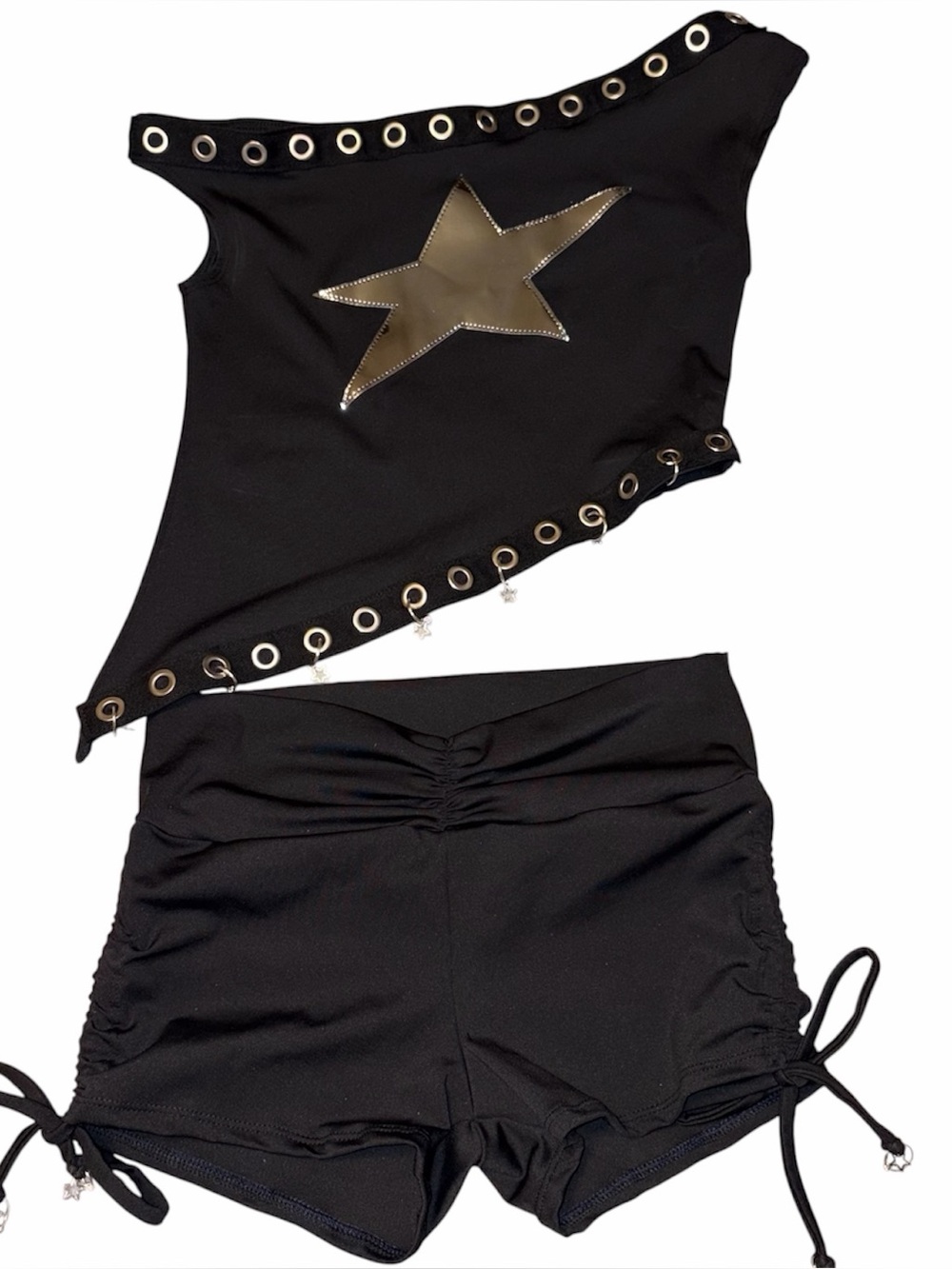 Tasteful Girl Rave Set Black S, Silver Star Off Shoulder Top & Low Rise Shorts